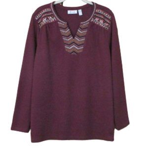 Denim & Co. Waffle Split V-Neck Long-Sleeve Top w/ Embroidery 1X